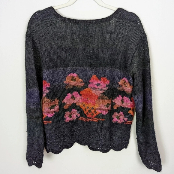 PERUVIAN CONNECTION sz.S 100% Alpaca Floral Chunky Knit Scalloped V Neck Sweater - Picture 2 of 10